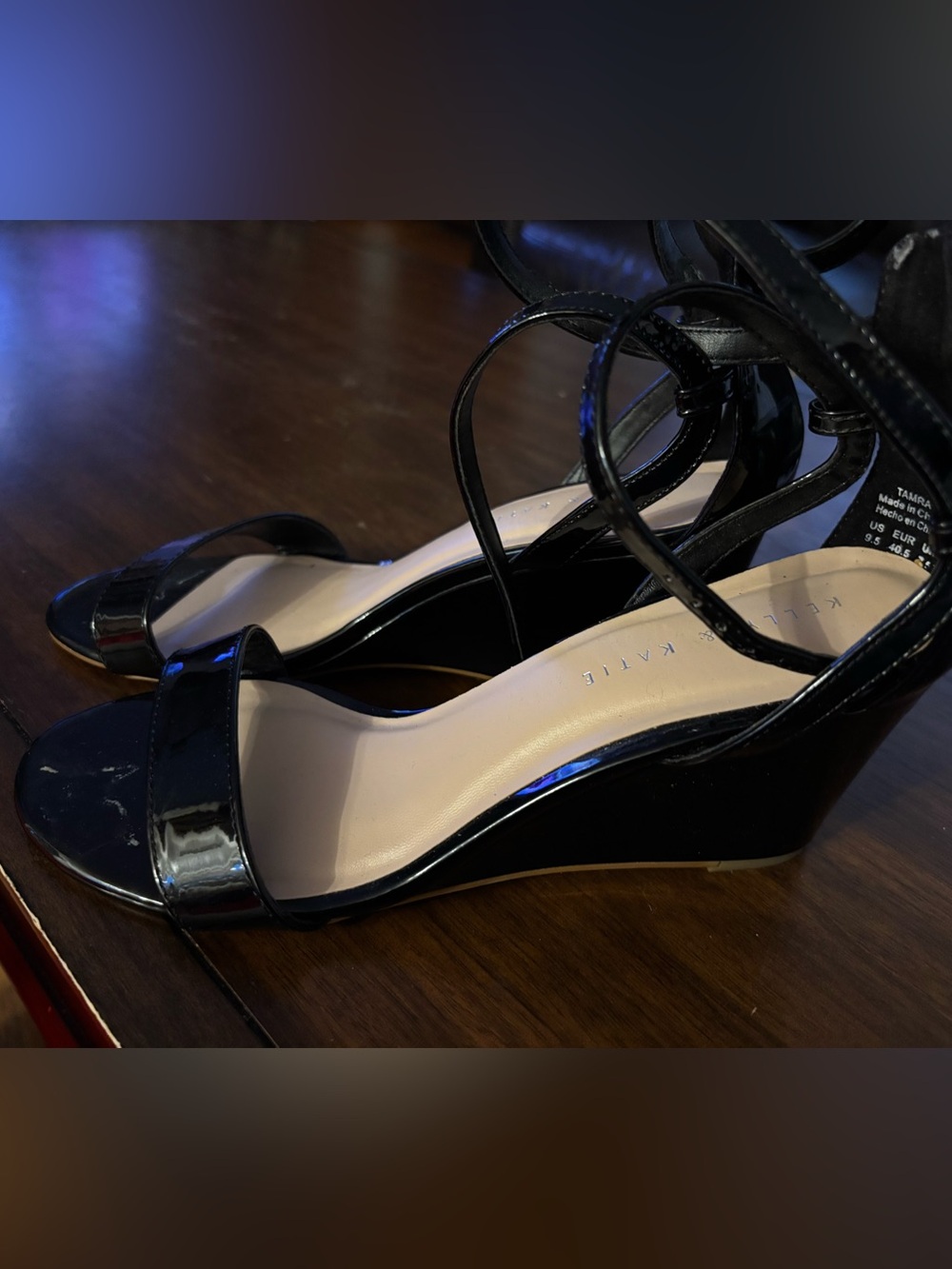 Skatie Black Patent Ankle-Strap Wedge Sandals
